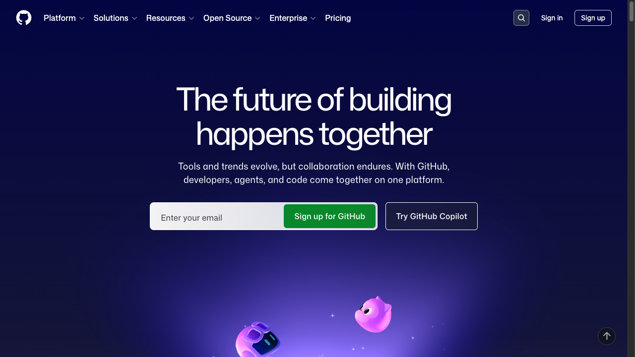 GitHubのトップページ。中央に大きな見出しと、メールアドレスを入れて登録するボタンが並んでいる