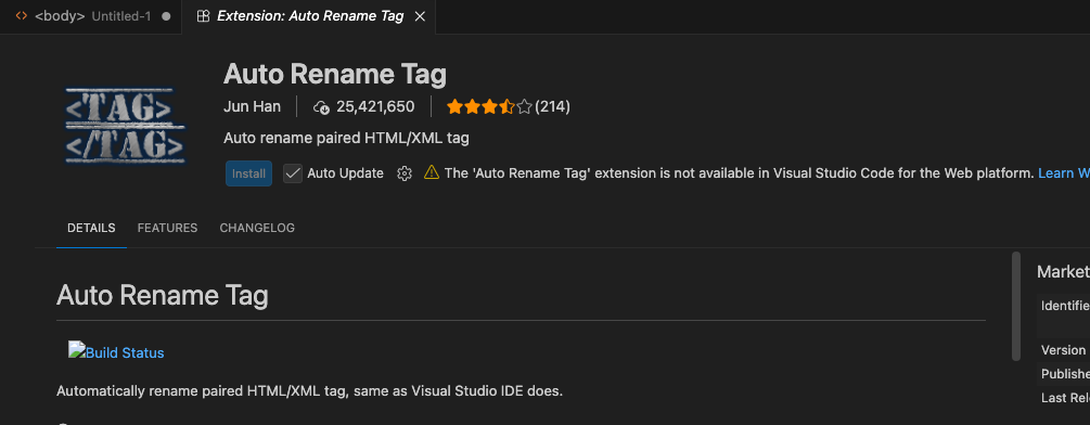 VSCodeの拡張機能ページ。Auto Rename Tag（作者Jun Han）の紹介。名前・説明・Installボタンが並ぶ