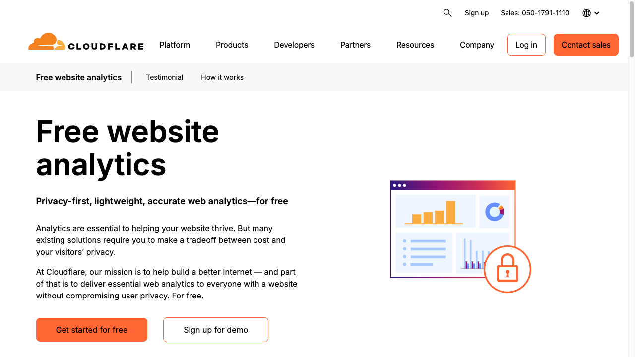 Cloudflare Web Analyticsの紹介ページ。Free website analyticsの見出しと、グラフが並んだ画面のイラストが表示されている