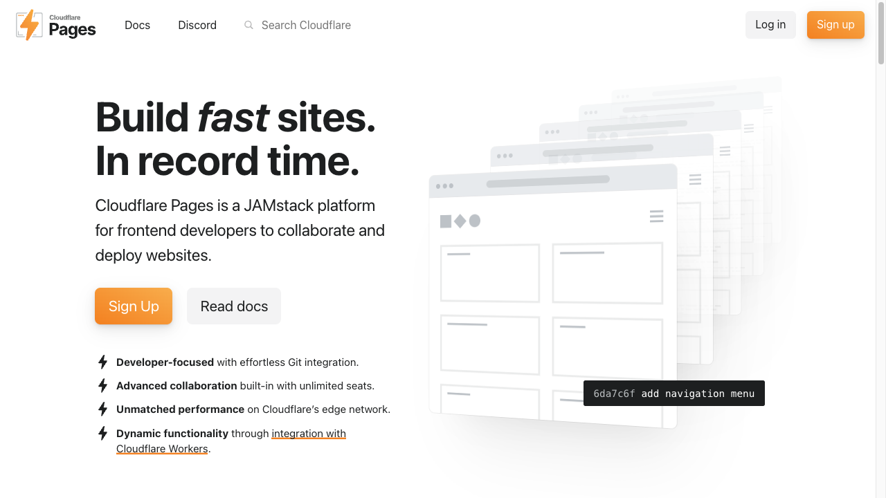 Cloudflare Pagesのトップページ。「Build fast sites. In record time.」という見出しと「Cloudflare Pages is a JAMstack platform for frontend developers to collaborate and deploy websites.」という説明、Sign UpとRead docsのボタン