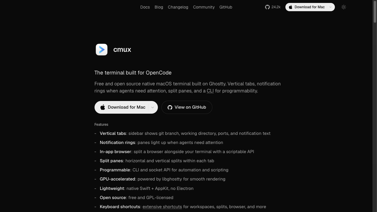 cmuxの公式サイト。「The terminal built for OpenCode」という見出しと、縦タブや通知などの特徴リストが表示されている