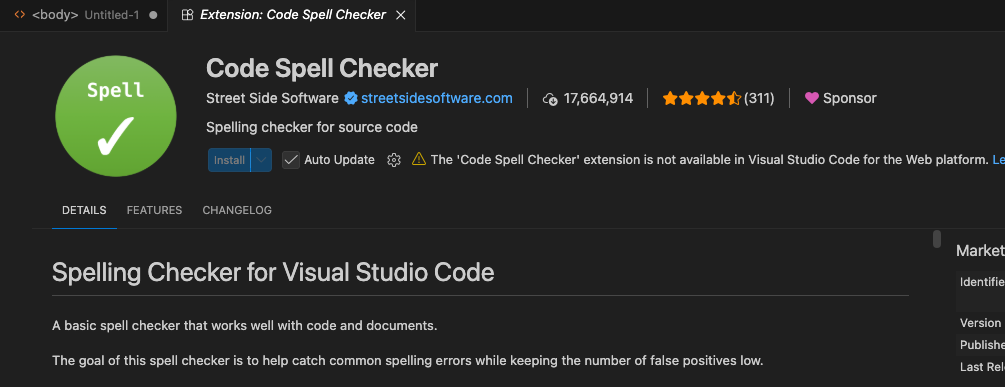 VSCodeの拡張機能ページ。Code Spell Checker（作者Street Side Software）の紹介。名前・説明・Installボタンが並ぶ