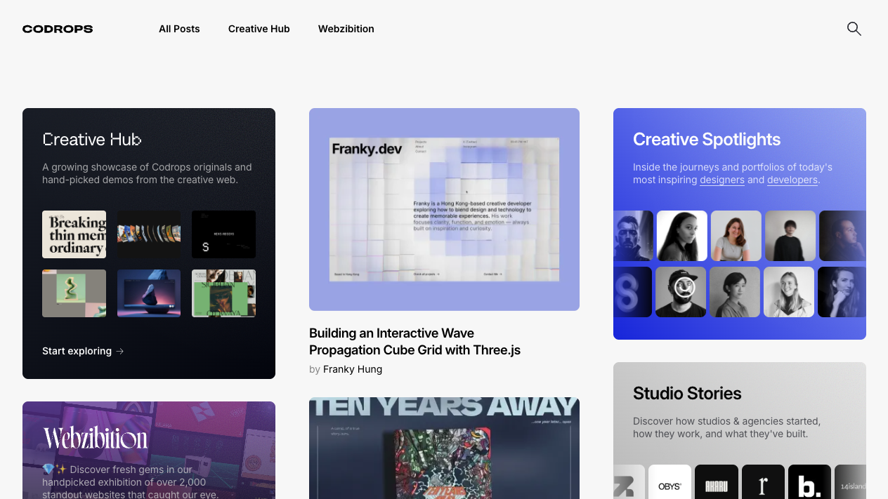 Codropsのトップページ。クリエイティブなWeb表現のショーケースが並んでいる