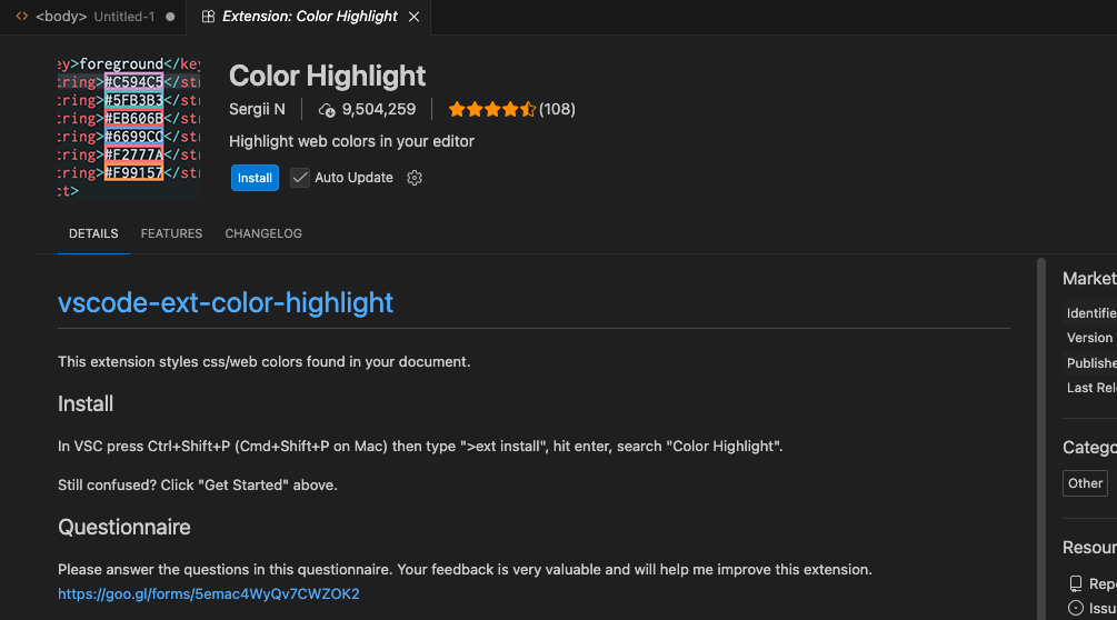 VSCodeの拡張機能ページ。Color Highlight（作者Sergii N）の紹介。アイコンに色コードが色付きで並ぶ