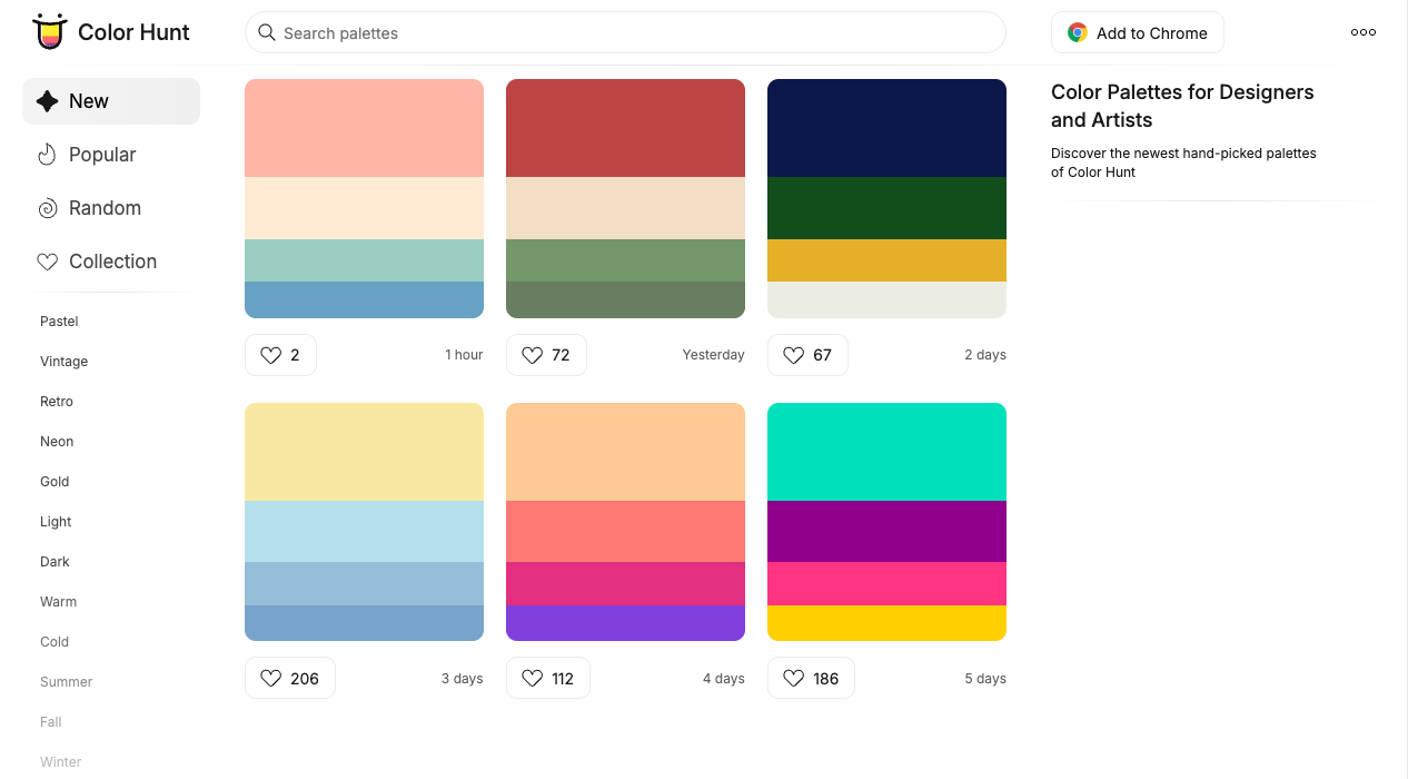Color Huntの画面。左にPastel・Vintage・Retroなどのカテゴリ、右に4色ずつまとめられたカラーパレットが並んでいる