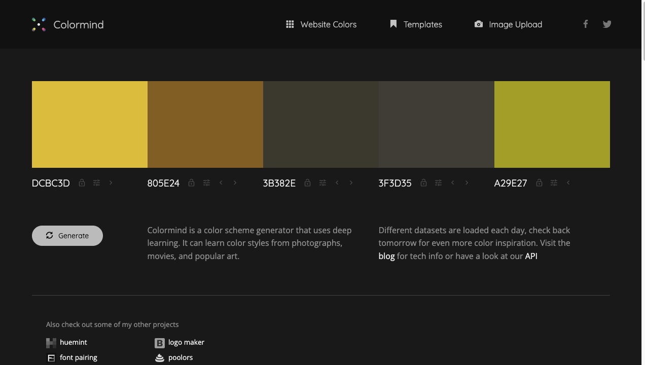 Colormindの画面。5色のパレットとGenerateボタン、AIで配色を作るという説明が並んでいる