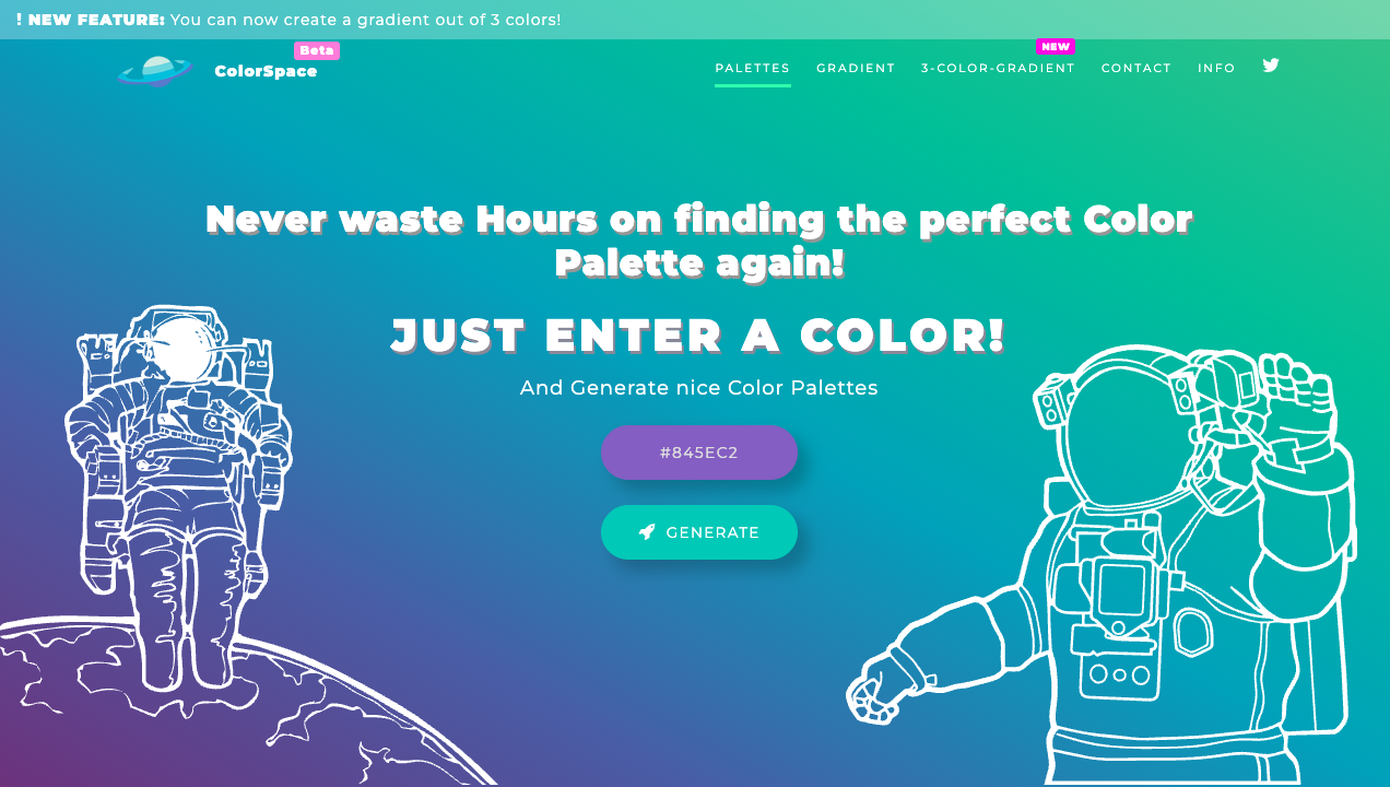 ColorSpaceの画面。宇宙飛行士のイラストと「JUST ENTER A COLOR!」の見出し、色を入れる欄とGENERATEボタンがある