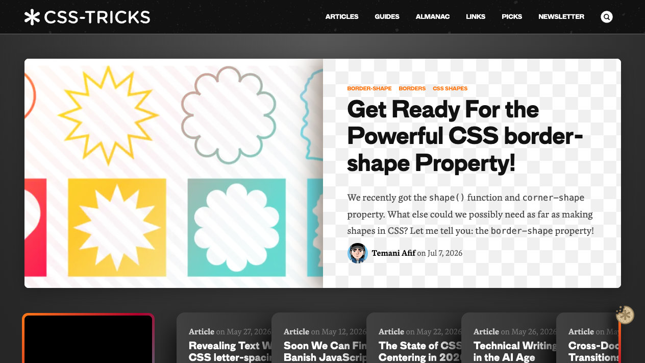 CSS-Tricksのトップページ。新しいborder-shapeプロパティを紹介する記事が大きく表示されている