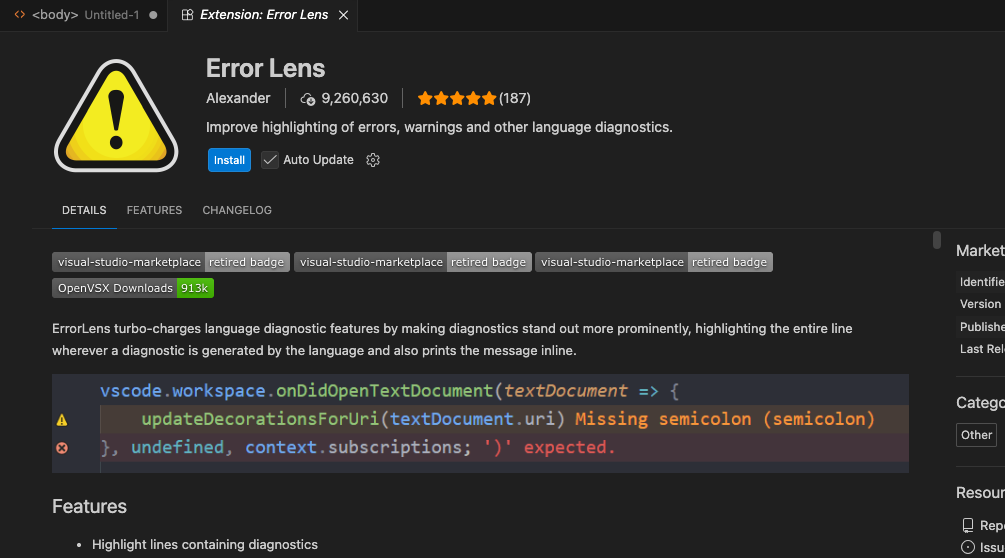VSCodeの拡張機能ページ。Error Lens（作者Alexander）の紹介。エラー文が行内に表示されたサンプルも写っている