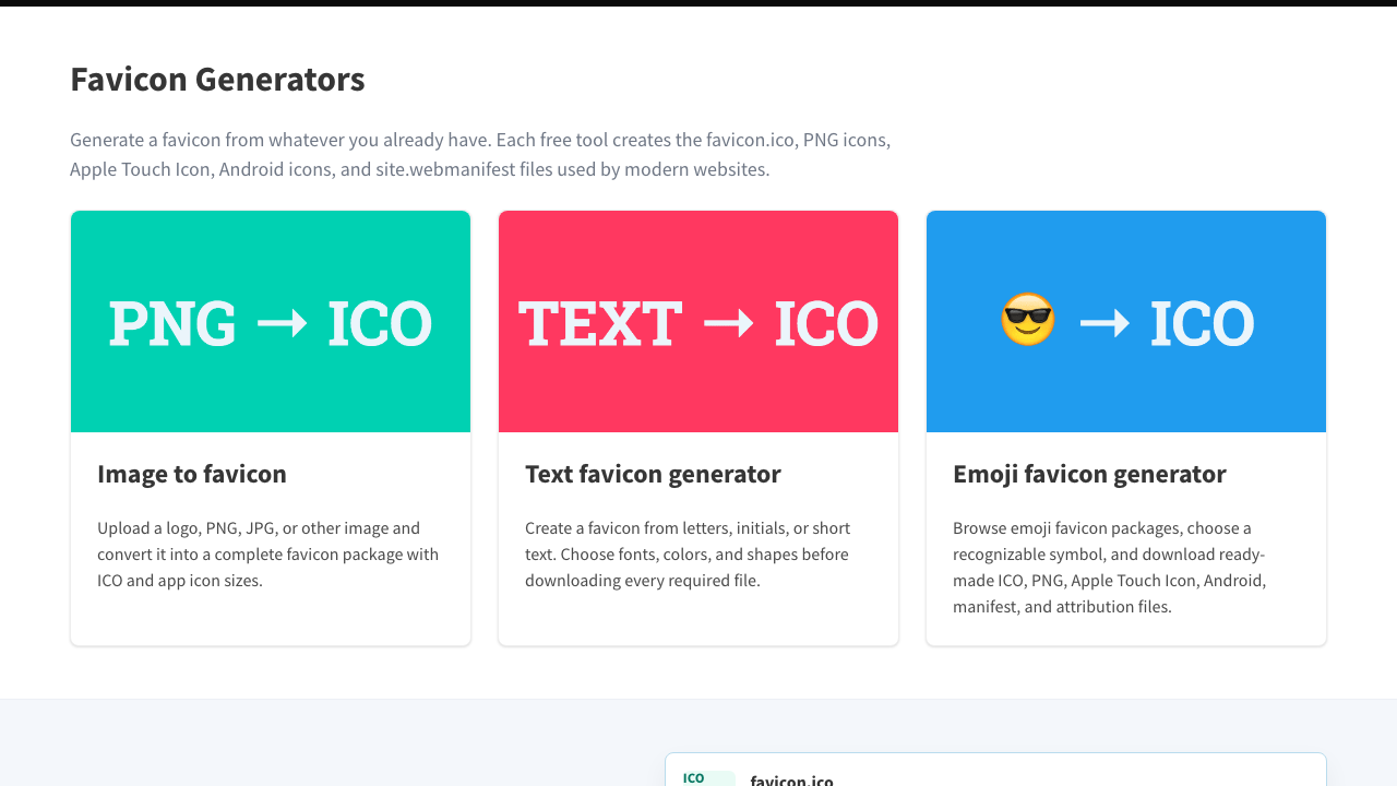 favicon.ioのジェネレーター一覧。画像から・テキストから・絵文字からの変換ツールが並んでいる
