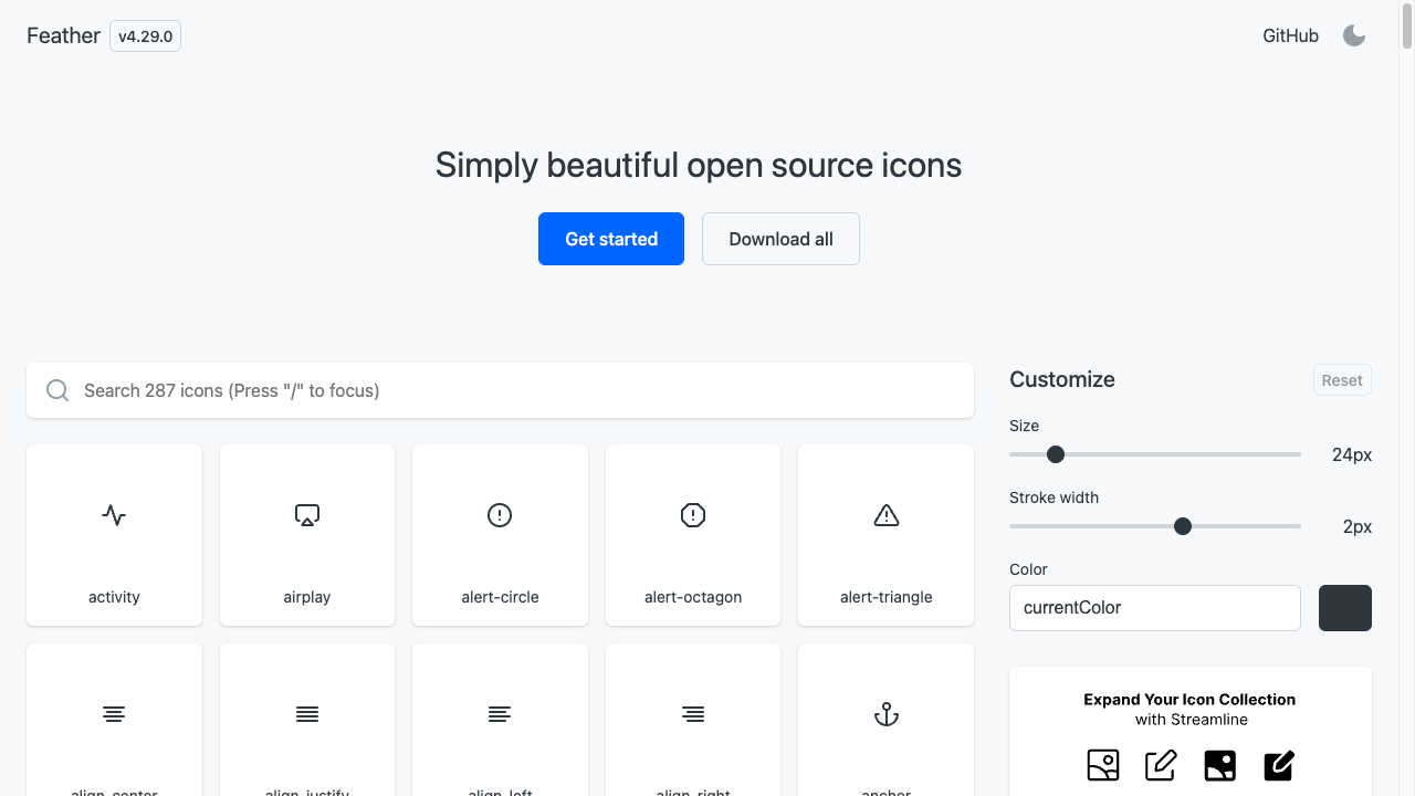 Feather Iconsの画面。細い線だけで描かれたミニマルなアイコンがタイル状に並んでいる