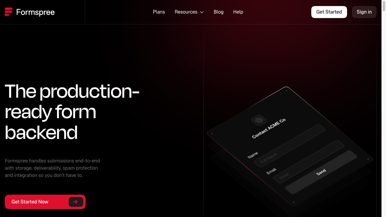 Formspreeのトップページ。The production-ready form backendの見出しと、赤いGet Started Nowボタンが表示されている