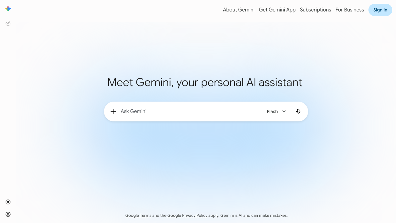 Geminiのトップページ。プロンプト入力欄と提案されたトピックが表示されている