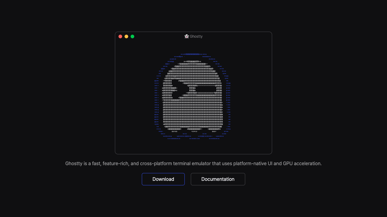 Ghosttyの公式サイト。ターミナル画面の中にアスキーアートのおばけが描かれている