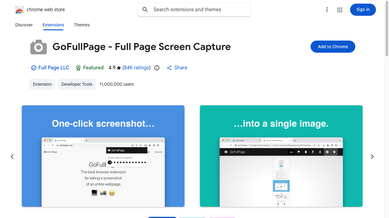 GoFullPageのChromeウェブストアページ。拡張機能のアイコンと説明、ページ全体を1枚のスクショにまとめるイメージ、青い「Chromeに追加」ボタンが並んでいる