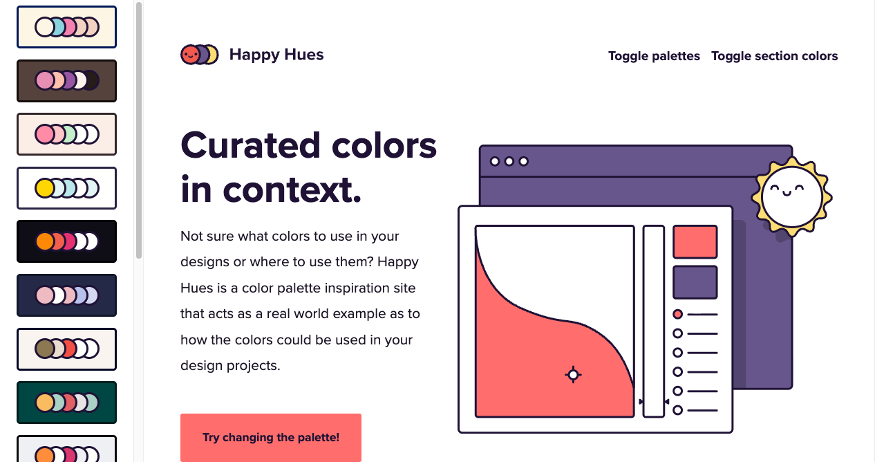 Happy Huesの画面。左に選べるパレットの一覧、右に「Curated colors in context.」の見出しとイラストが並び、実際のWebページにその配色が使われている