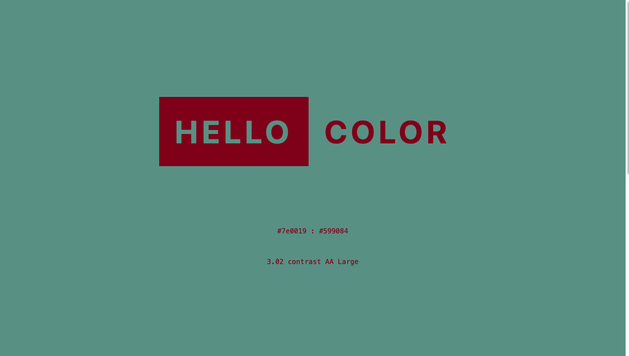 HELLO COLORの画面。緑の背景に濃い赤の文字で「HELLO COLOR」と表示され、2色のカラーコードとコントラスト値が出ている
