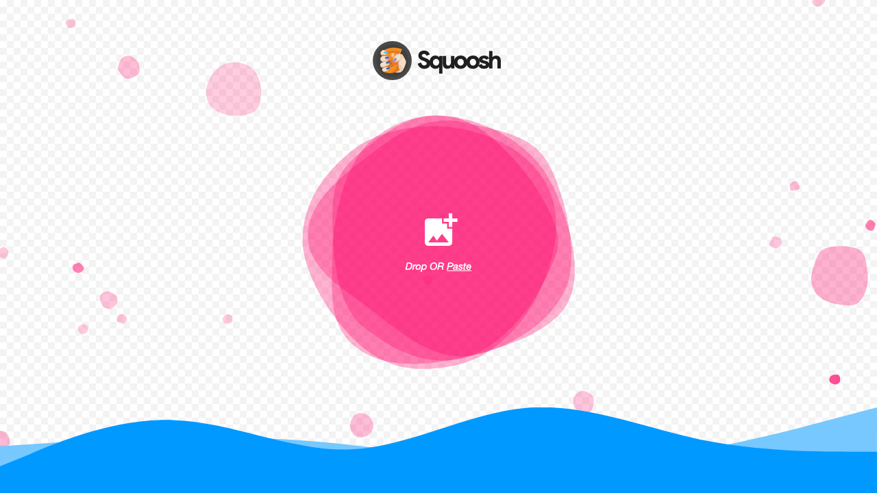 Squooshのトップページ。中央のピンクの円に「Drop OR Paste」と書かれ、画像をドロップして使う