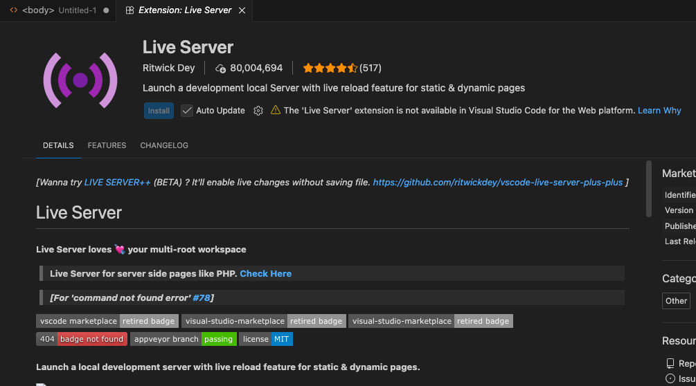 VSCodeの拡張機能ページ。Live Server（作者Ritwick Dey）の紹介。名前・説明・青いInstallボタンが並ぶ