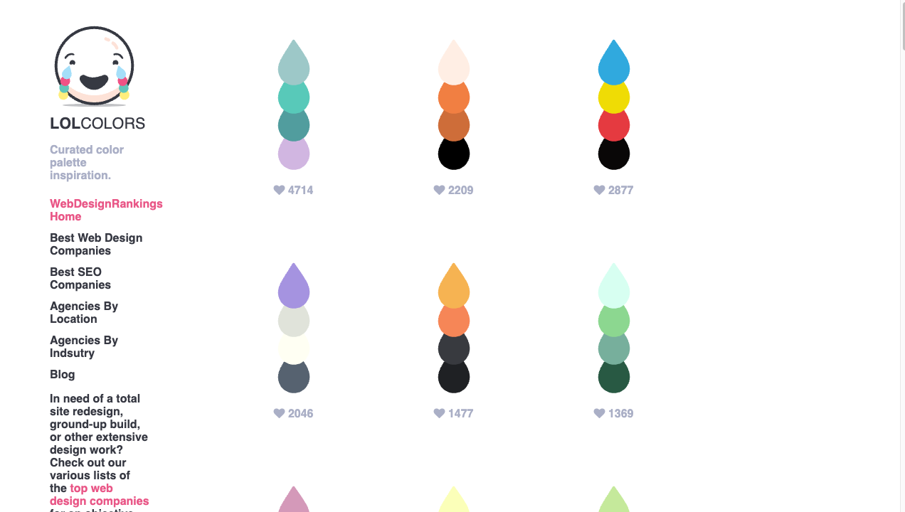LOLcolorsの画面。しずく型に4色を重ねたパレットが並び、泣き笑いの顔のロゴがある