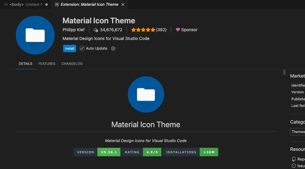 VSCodeの拡張機能ページ。Material Icon Theme（作者Philipp Kief）の紹介。フォルダのアイコンと説明が並ぶ