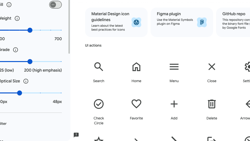 Material Symbolsの画面。グリッド状に丸みのあるシンプルなアイコンが並び、太さを変えるスライダーがある