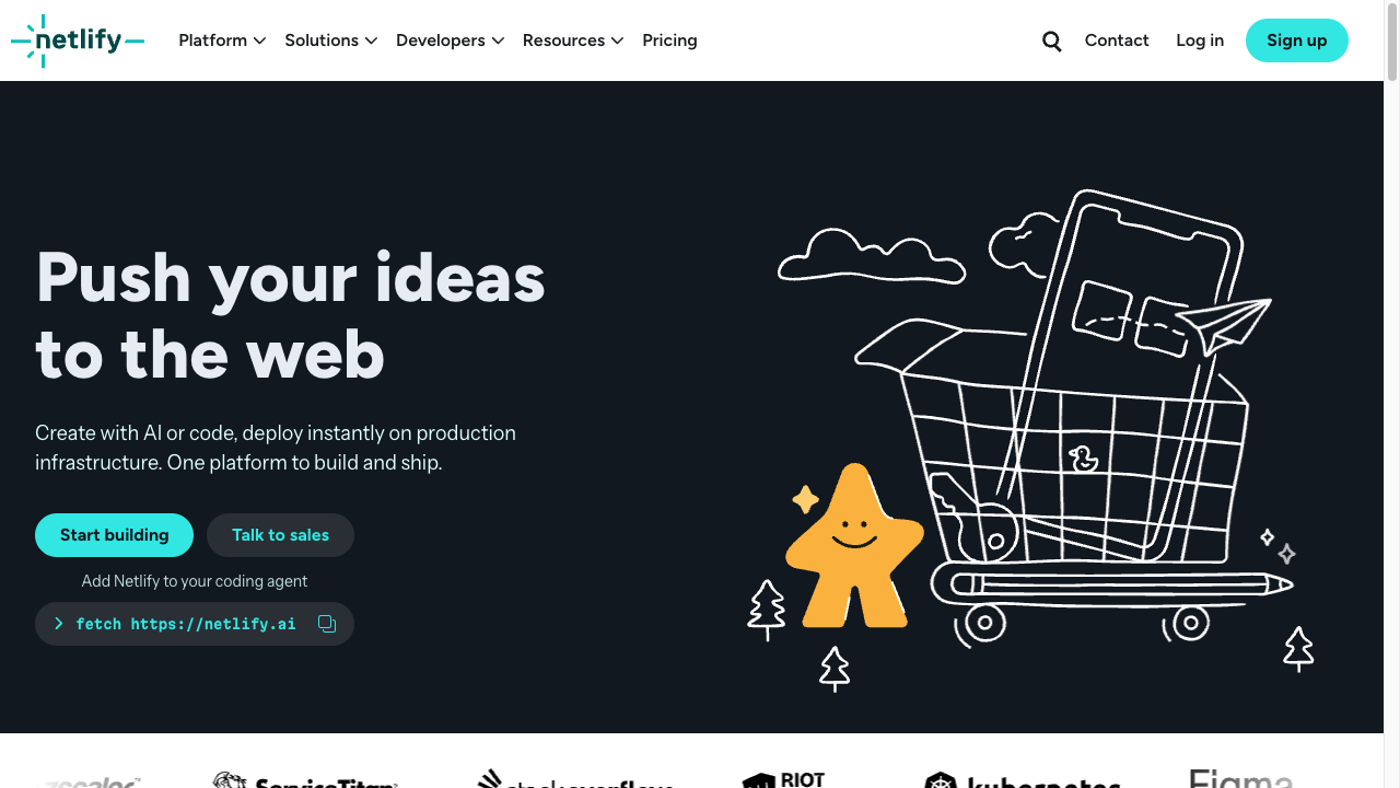 Netlifyのトップページ。Push your ideas to the webの見出しとStart buildingボタンが表示されている