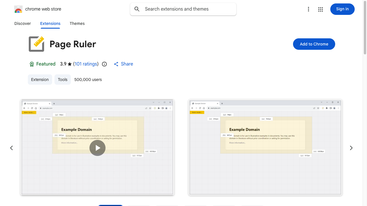 Page RulerのChromeウェブストアページ。拡張機能のアイコンと説明、青い「Chromeに追加」ボタンが並んでいる