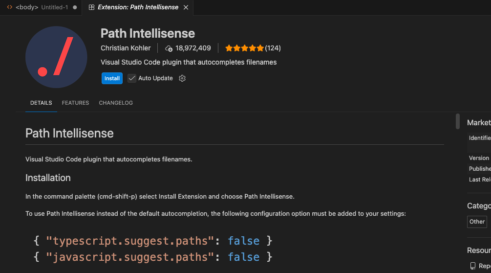 VSCodeの拡張機能ページ。Path Intellisense（作者Christian Kohler）の紹介。名前・説明・青いInstallボタンが並ぶ