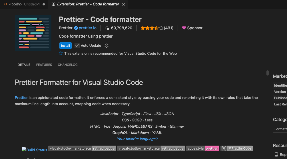 VSCodeの拡張機能ページ。Prettier - Code formatter（作者Prettier）の紹介。名前・説明・Installボタンが並ぶ