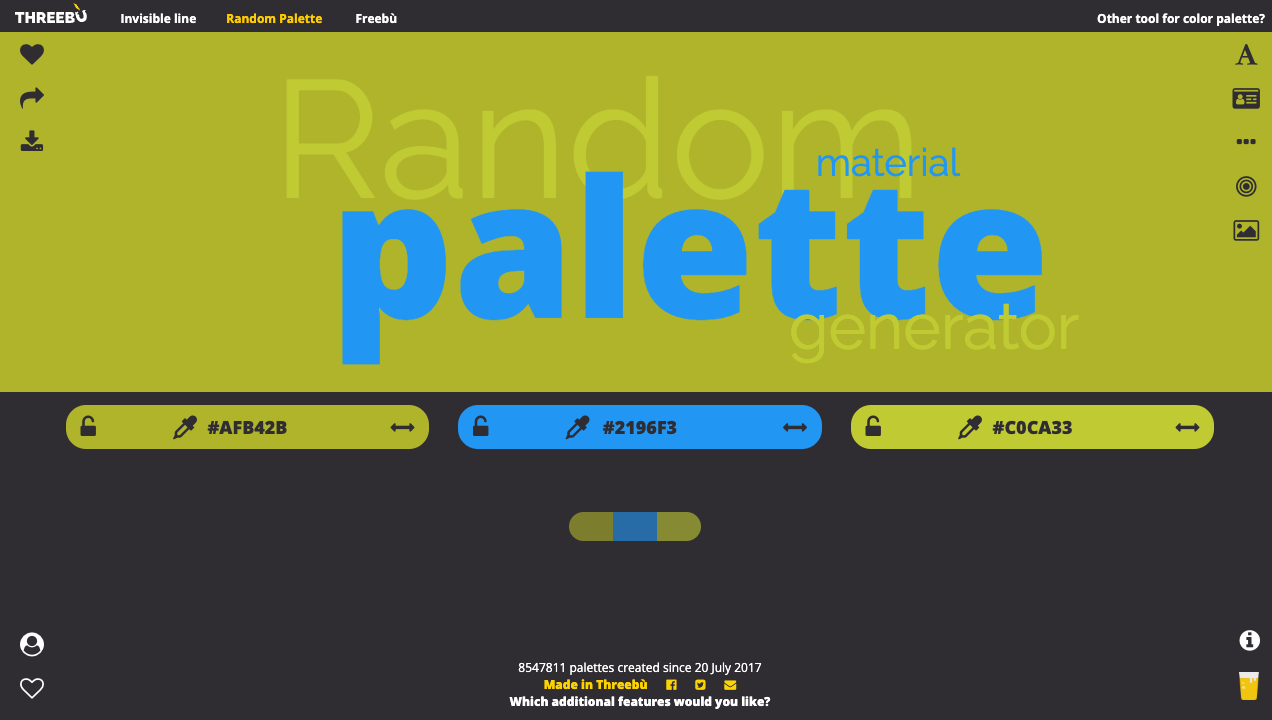 random material paletteの画面。生成された3色のパレットが横に並び、それぞれにカラーコードが表示されている