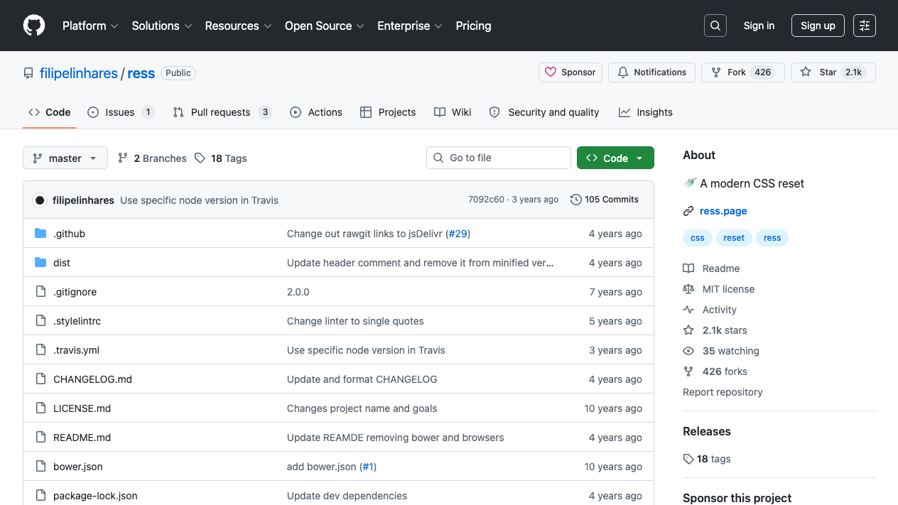ressのGitHubページ。プロジェクト名とリセットCSSの特徴の説明が表示されている