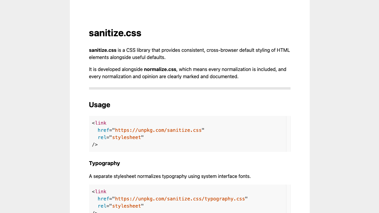 sanitize.cssの公式ページ。特徴とダウンロードリンクが表示されている