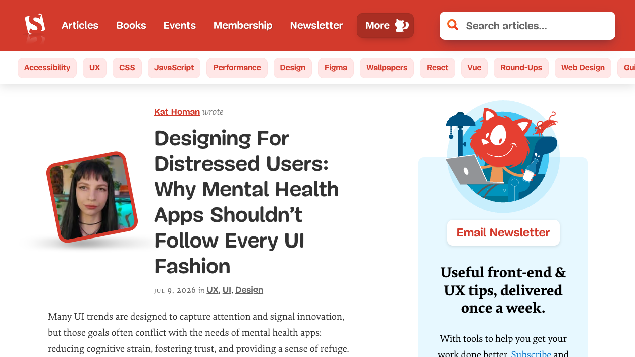 Smashing Magazineのトップページ。UXに関する記事とカテゴリのタグ一覧が表示されている