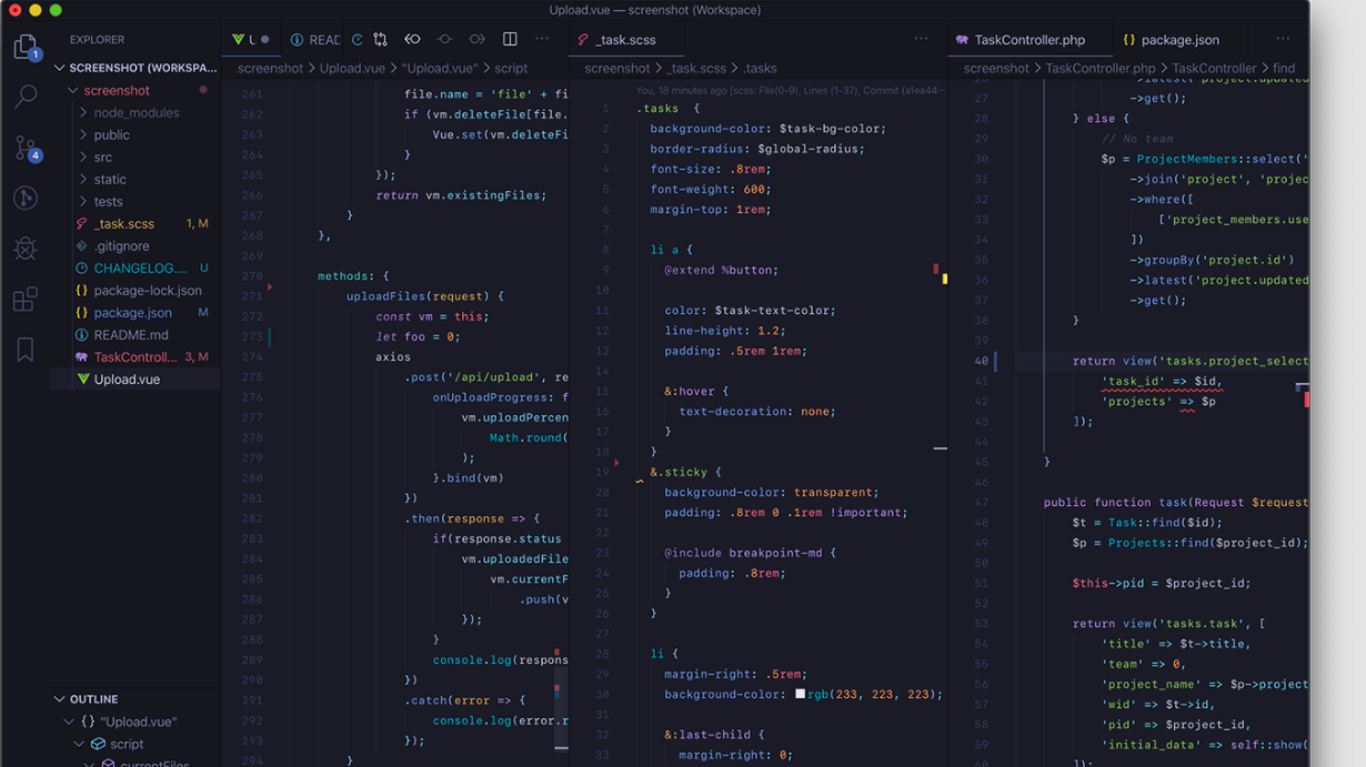 VSCodeのエディタ画面。濃い青紫の背景に、水色やピンクのネオンカラーで文字が表示されている