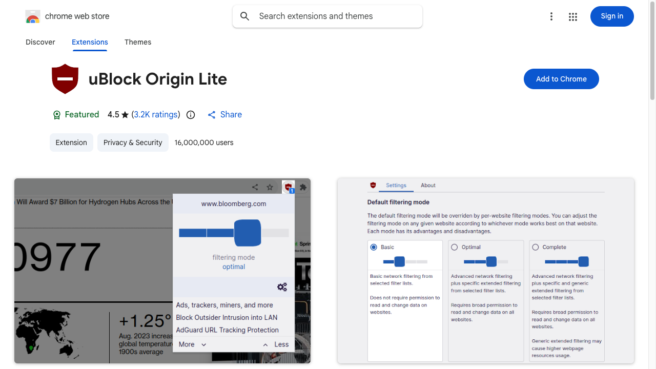 uBlock Origin LiteのChromeウェブストアページ。拡張機能のアイコンと説明、フィルタリング設定画面、青い「Chromeに追加」ボタンが並んでいる