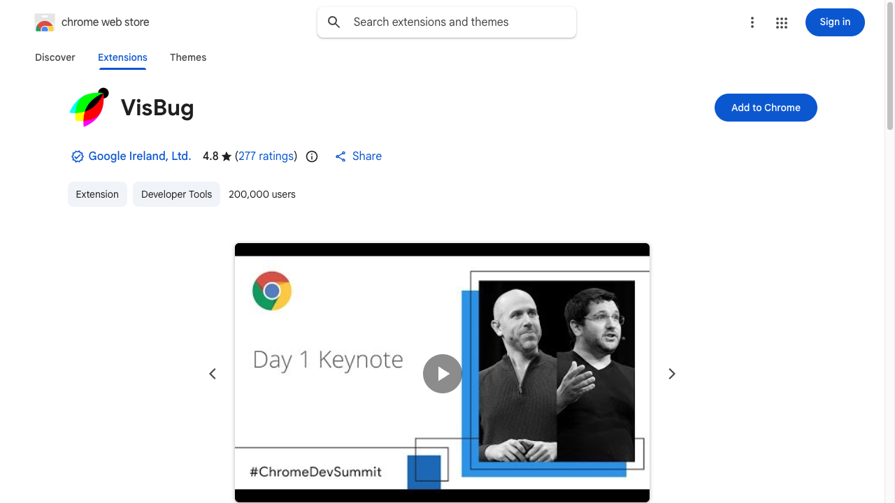 VisBugのChromeウェブストアページ。拡張機能のアイコンと説明、青い「Chromeに追加」ボタンが並んでいる