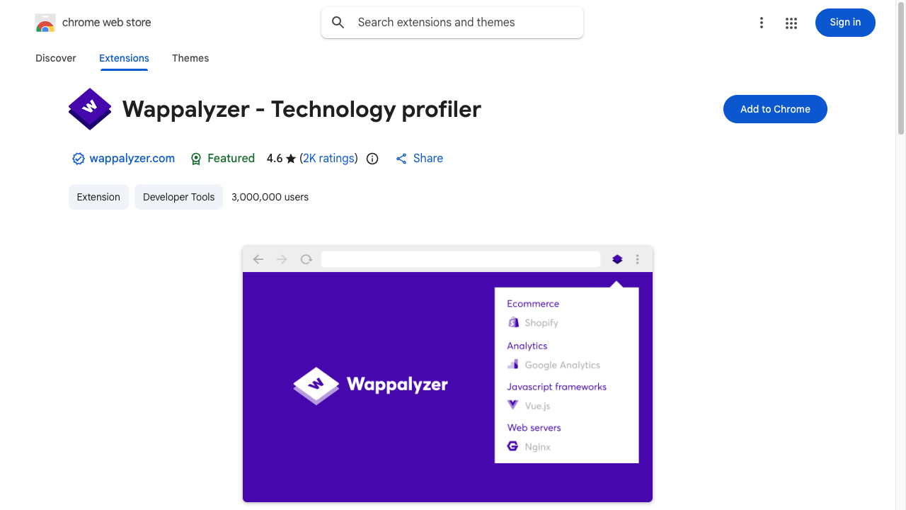WappalyzerのChromeウェブストアページ。拡張機能のアイコンと説明、青い「Chromeに追加」ボタンが並んでいる