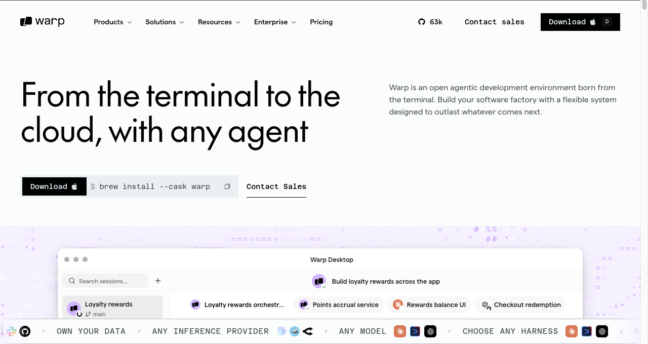 Warpの公式サイト。「From the terminal to the cloud, with any agent」という見出しとダウンロードボタンが表示されている