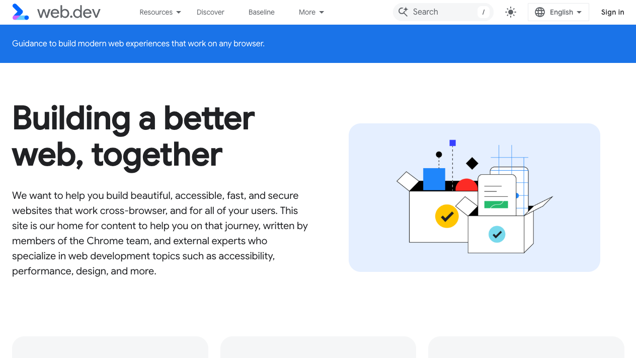 web.devのトップページ。「Building a better web, together」という見出しが表示されている