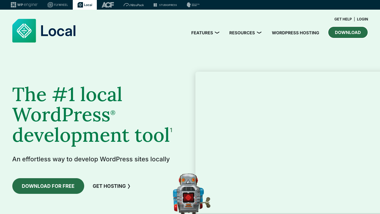 Local公式サイト。「The #1 local WordPress development tool」という見出しと無料ダウンロードボタンが表示されている